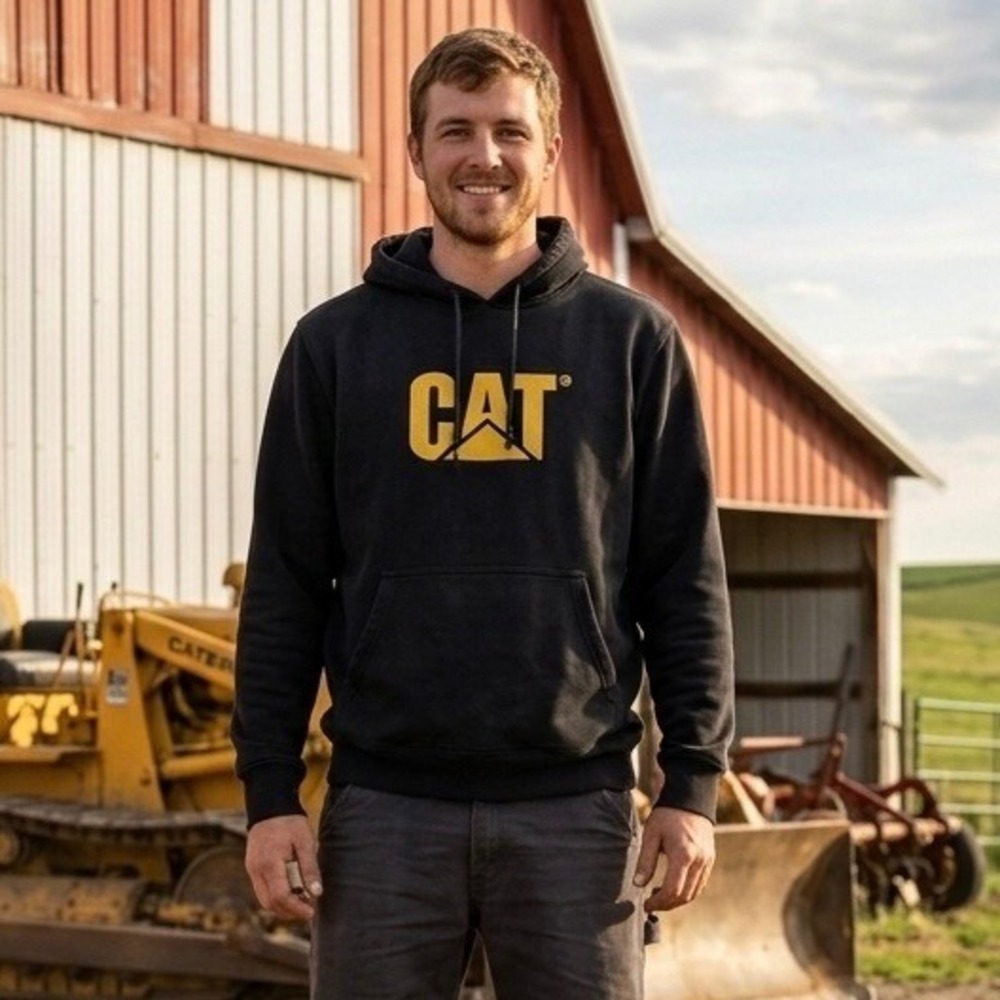 Caterpillar CAT Mens Black Pullover Hoodie Yellow Embroidered Logo Large L